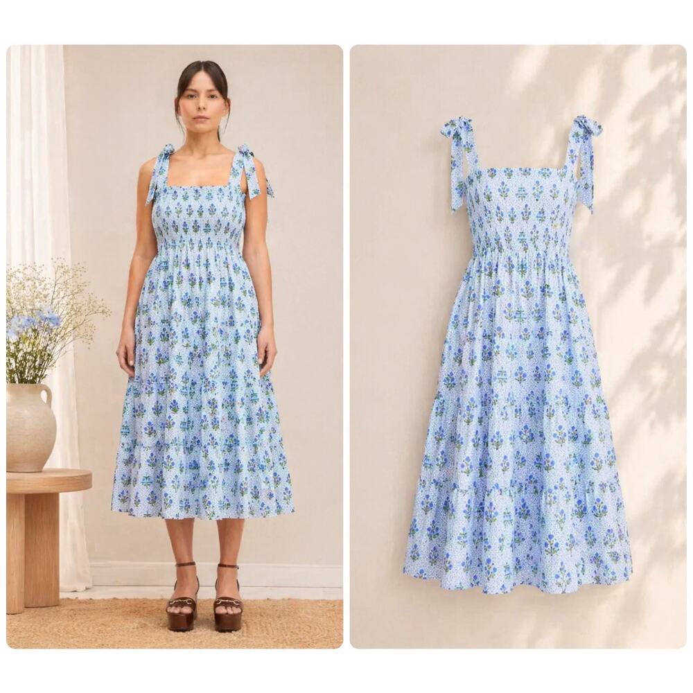 Hill House Home The Ribbon Ellie Nap Midi Dress Block Print Blue Size XXL New
